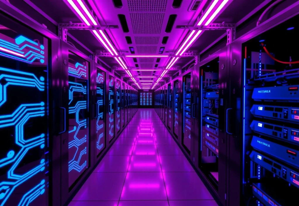 Abstract neon server room representing Oillyded's innovative technology infrastructure
